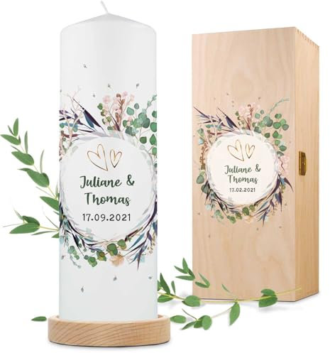 GRAVURZEILE Bedruckte Kerze - Flower Wedding Design - Personalisiert mit Namen, Datum & Wunschtext - Geschenk zur Hochzeit an das Brautpaar - Traukerze Stumpenkerze 8 cm x 25 cm (Ø/H) Weiß