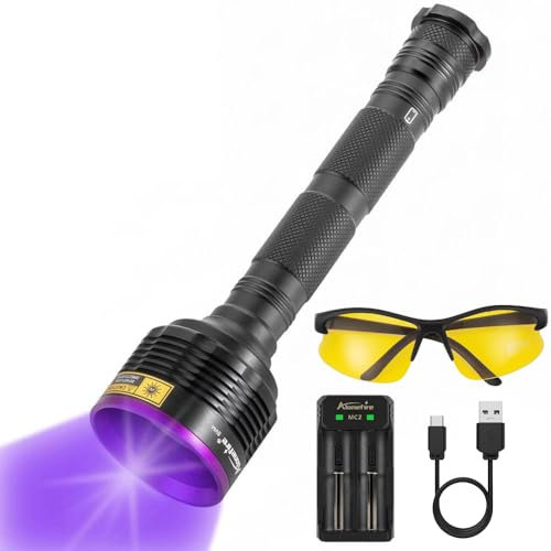 ALONEFIRE SV44 - Linterna UV de 20 W y 365 nm recargable por USB, detector de orina de mascotas con luz negra ultravioleta para curado de resina, pesca, escorpión, pegamento seco con gafas protectoras