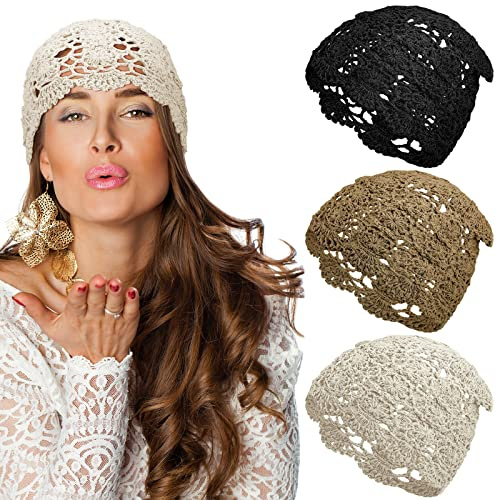 Lot de 3 Bonnets en Crochet Souple pour Femme - Tricot Fait à la Main - Motif Floral - Bonnet tricoté Extensible - Léger - pour Femme, Kaki, Noir et Blanc, Kaki, Noir, Blanc, Taille Unique