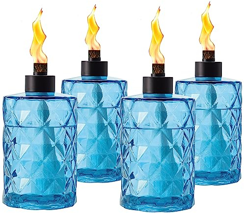 Tesrago Paquete de 4 antorchas de mesa de cristal azul con mecha y tapa, antorchas de citronela para exteriores, linterna de luz de llama recargable, linterna decorativa de mesa para patio, cubierta,