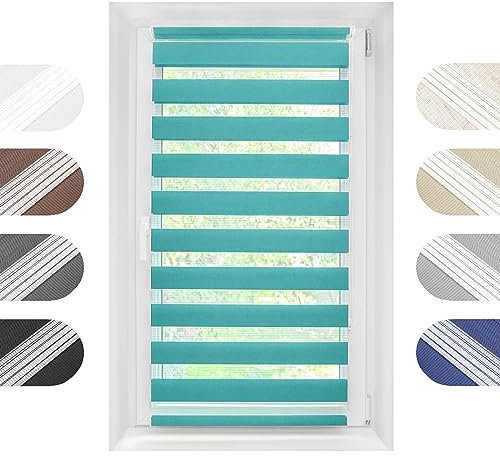 Birrke® Doppelrollo Ohne Bohren/Mit Bohren 2in1 40 x 150 cm - Tag und Nacht Duo Rollo für Sonnenschutz und Sichtschutz - Doppel Rollo - Einfache Montage Türkis