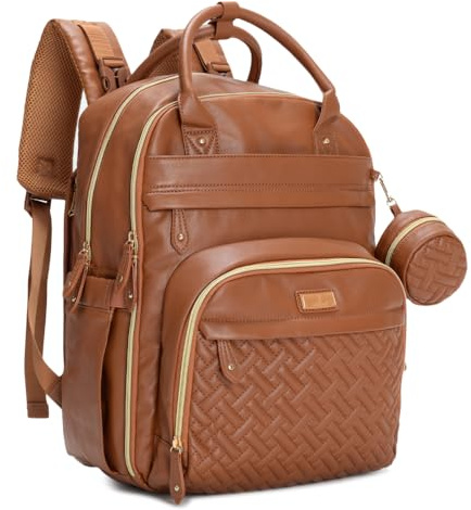 BabbleRoo Leather Diaper Bag Backpack - Baby Essentials Travel Baby Bag, Multi function, Water Resistant, with Changing Pad, Stroller Straps & Pacifier Case â Unisex, Natural Brown