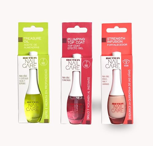 Beter - Set Cura delle Unghie e Cuticole Nail Care - Include: Olio di Mandorle per Unghie e Cuticole, Indurente e Top Coat Effetto Gel, Idrata, Nutre e Rinforza le Unghie, Ideale per Regalo