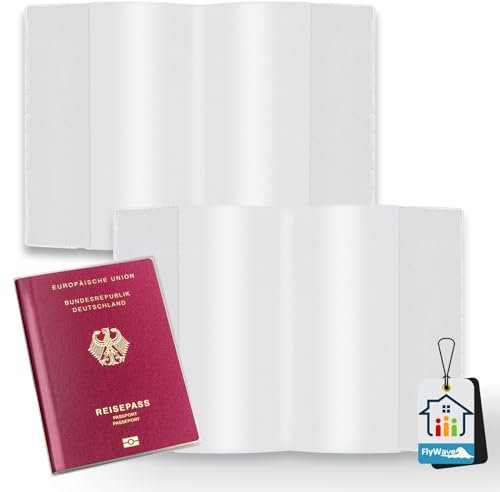 FlyWave Transparente Reisepasshülle für Reisepass und Impfpass, Hülle für den NEUEN Reisepass (ab April 2017), Wasser- und Schmutzabweisend | 2 Stück