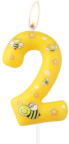 Vela de Cumpleaños con Número de Abeja, Decoración de Pastel para Niñas y Bebés, Bonita Vela Número 2 Amarilla