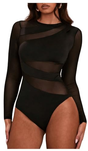 GORGLITTER Dambodysuit, elegant bodysuit, med genomskinligt nät, överdel, långärmad, bodys, nätskjorta, höst, festival, outfit