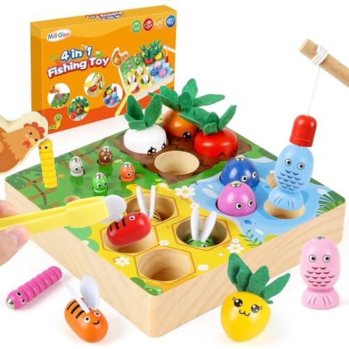 MilliGlee Juguetes Montessori 2 3 4 Años, Juguetes Juego de Pescar 2 3 4 5 Años Juegos,4-IN-1 Educativo Juguetes Madera Stem Regalo para Bebés Niño Niña