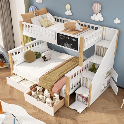 Letto a castello 90 x 200 + 140 x 200 cm, per 2-3 bambini, con rete a doghe, tavolo e cassetti, letto a soppalco con scala e 2 cassetti, protezione anticaduta