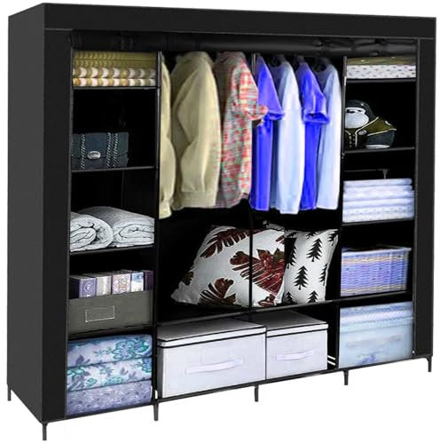 MT MALATEC Kleiderschrank Stoffschrank Groß 170x170 cm Stabil 2 Kleiderstangen 14 Fächer Faltschrank für Schlafzimmer Ankleidezimmer Garderobe Schwarz 23740