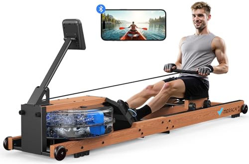 MERACH Rudergerät Wasser Holz Klappbar, Wasserrudergerät Gummibaummaterial & Komfortabler Sitz, mit Exklusiver APP mit Interaktiven Karten Spiel, Immersives Rudererlebnis, Ideal für Heimfitness