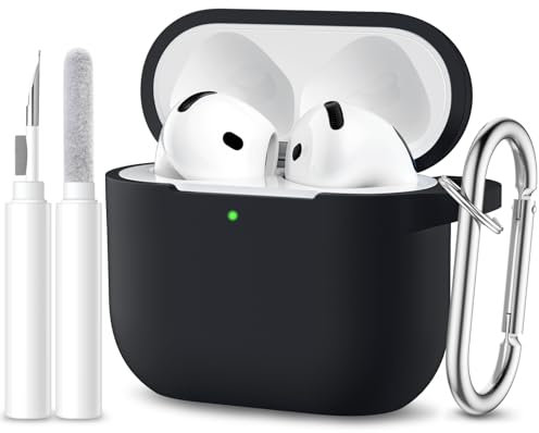 Maledan Coque Compatible avec AirPods 4 Case 2024, Étui Protection Antichoc en Silicone Souple pour Apple AirPods 4ème Generation Housse avec kit de Nettoyage et Mousqueton [LED Visible], Noir