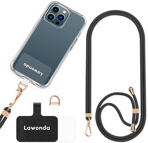 Lawonda Universal Handykette geeignet für alle Smartphones, Kette zum Umhängen um Hals & Handgelenk, Handyband mit jeder Hülle kombinierbar mit 2er Ersatz Einlage Schwarzes Gold