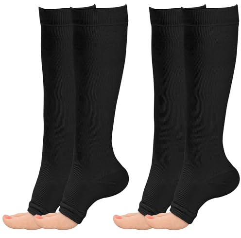 2 Pairs Compression Socks for Women & Men,Toeless Flight Socks Compression Stockings Open Toe Pressure Support Flight Stockings for Maternity Pregnancy Nurses Flying Varicose Veins (Black+Black, L/XL)
