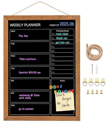 Umtiti Calendrier hebdomadaire, en tableau noir, 27 x 37 cm, surface magnétique, cadre en pin massif marron rustique, noir, pour bureau, école et maison (ZLHB-QZ-2737)