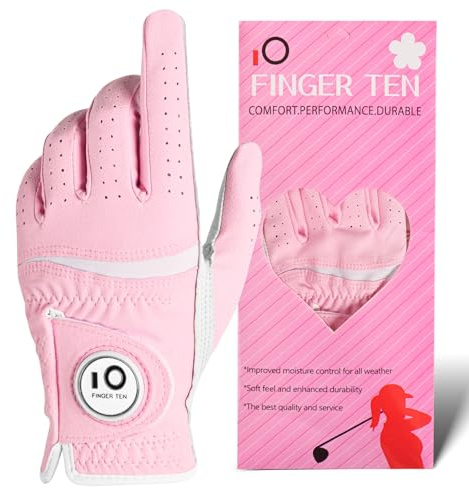 Premium Soft Women's Golf Gloves with Magnetic Ball Marker 1 Pack, Breathable Leather Gloves with All Weather Enhanced Grip, Fit for Left & Right Handed Golfers (Pink, M (Worn on Left Hand))