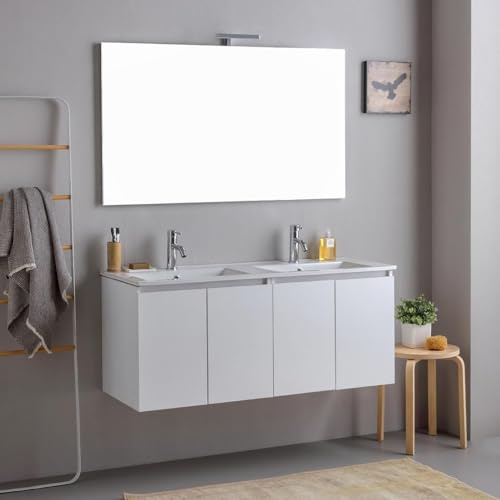 Kiamami Valentina Meuble de Salle de Bains Suspendu 120cm Blanc avec Portes, Double lavabo et Miroir | Bilbao