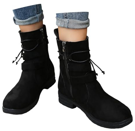 Botines mujer mujer e invierno cuero cara sólido cremallera lateral botines cálidos temperamento casual hebilla botas, Negro , 42 EU
