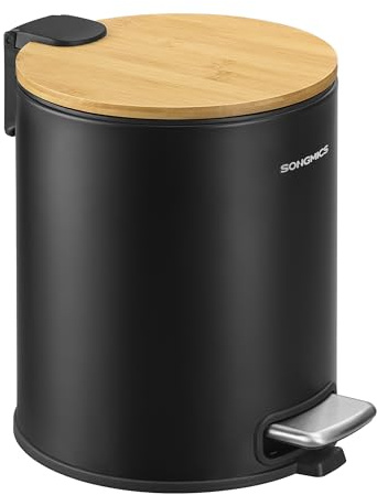 Songmics Sminkhink, badrum, med lock av bambu, pedalhink med metallpedal, avtagbar innerhink, softclose, för badrum, 6 liter, bläcksvart LTB116BZ01