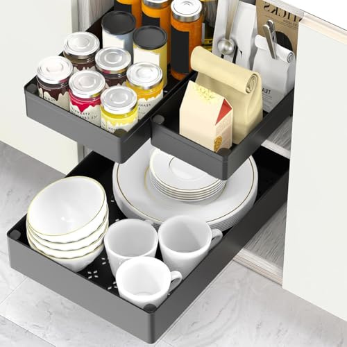 PortoAlegre Set of 3 Extendable Kitchen Drawers, W 27 + 18 + 13.5 cm, Cupboard Organiser, Storage Shelves, No Drilling, Telescopic Drawer for Kitchen, Pantry and Bathroom, Black