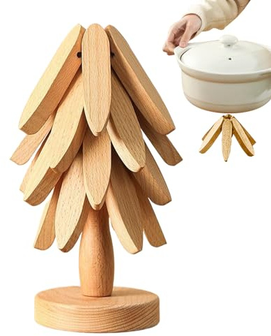 Dessous de Plats en Bois pour Plats Chauds, 4 Dessous de Plat en Bois + 1 Support rangé comme Un Sapin de Noël, Supports Isolants en BoisPliables pour PlatsChauds pour Théière,Poêle, Bol