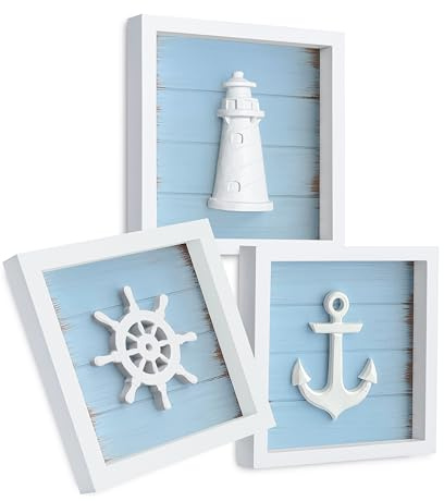 Tide and Tales Nautical Wall Decor (Framed Set of 3) with Anchor, Lighthouse & Ship Wheel, 3D Coastal Beach Decor Wall Art for Bathroom or Bedroom – Ocean Themed Nautical Decoration for Home (7x7)