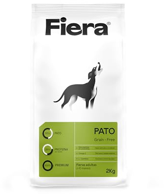 FIERA Pienso para Perros Adultos, Comida Perros Seca, Natural, Sin Cereales, Pato Fresco, 2KG, Comida Natural 51% de Pato, Omega 3, Alto en proteínas, Fácil Digestión, Antioxidantes