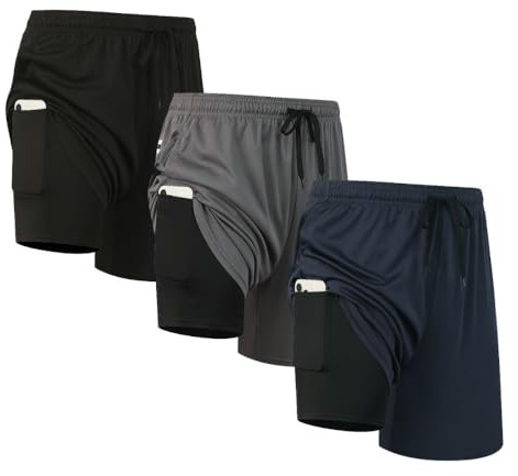 Fovdtaa Lot de 3 Shorts de Sport pour Homme 2 en 1 Short de Sport à Séchage Rapide pour Gym Course Entrainement Vêtement Actif avec Poches, M