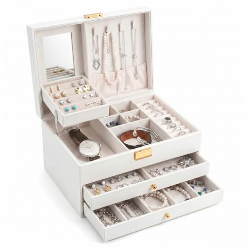 AJIEQAQ Schmuckkästchen Weiß mit Spiegel, 3 Ebenen Schmuckschatulle mit 2 Schubladen, Elegante Schmuckaufbewahrung für Ringe Halsketten, Geschenk für Frauen, 23x17x12 cm