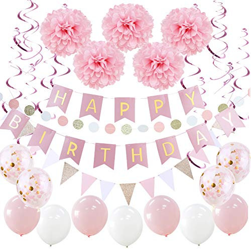 SUNBEAUTY Kit de Décoration Anniversaire Fille Happy Birthday Banner Pompons Papier de Soie Rose Fleur Guirlande Spirale Anniversaire Deco Ballon Confettis Rose Blanc pour Fille