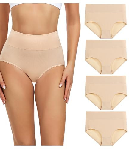 wirarpa Bragas Culotte Algodón para Mujer Braguitas de Talle Alto Calzoncillos Suave Ropa Interior Beige Pack de 4, Talla M