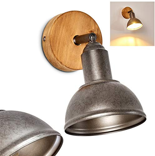 Vägglampa Tholen, justerbar vägglampa av metall/trä i grått/brunt, 1-lampa, 1 x E14-fäste, väggspot i retro/vintage-design, utan glödlampa