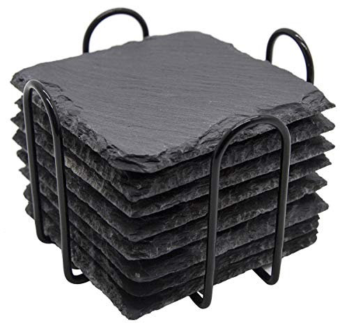 Slate Drink Coasters with Metal Holder, GOH DODD Set of 8 Black Coasters, 4 Inch Stone Coaster Set Coffee Table Decor Tabletop Protection for Home Kitchen Housewarming Gifts Wedding Party, Square