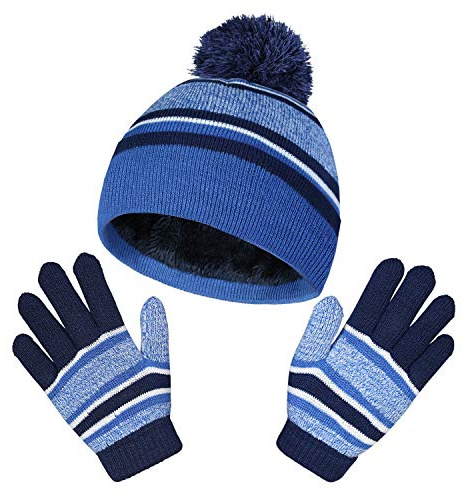 Boys Hats Gloves Set Winter Warm Hat Beanie 2Pcs Knitted Hat with Soft Fleece Lined Skull Cap for Cold Weather Blue