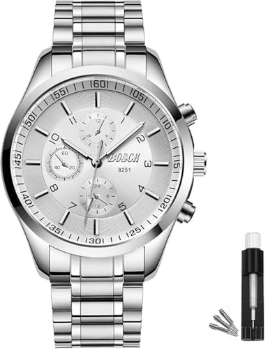 BOSCK Men's Quartz Watch (without chronography), silver tone, made of stainless steel with anti-scratch property, 30m water-resistant, suitable for daily casual and business occasions.