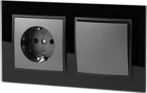 Prise de courant UP en verre cristal + bouton poussoir – tout-en-un – Cadre + insert encastré + couvercle – Noir/anthracite