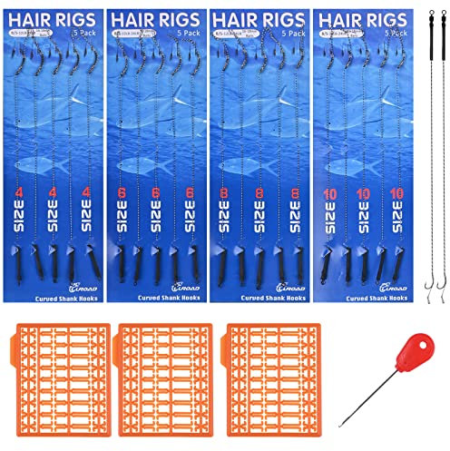 Luroad 20 Stück Karpfenangeln Haar-Rigs, Gebogen Karpfen Angelhaken Widerhaken, Geflochtene Karpfen Vorfach mit 3 Boilie-Stoppers und Nadel zum Karpfen, Größe 4 6 8 10