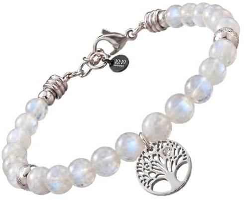 10:10 Bracciale Donna Con Pietra di Luna Naturale da 6 mm e Pendente Albero Della Vita, Colore Avorio-Bianco, Braccialetto Artigianale Regolabile in Acciaio Inox - Made In Italy (Pietre di Luna)