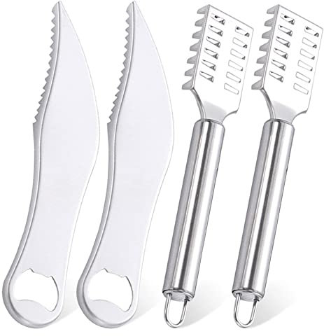 Jicyor 4 Stück Fischentschupper Fischmesser Set, Fischschuppen Entferner Edelstahl, Fischschuppen Entferner mit Edelstahl Sägezahnen,Profi Fisch Scaler Scraper Fischschaber Küchenhelfer