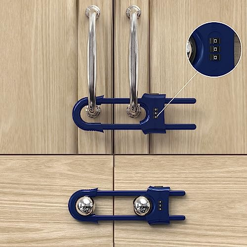 Jola's House Child Proof Sliding Cabinet Door Code Locks Baby Safety Cupboard Locks Adjustable U Shaped Cabinet Latches for Knob Handle Drawers Closet (4 PCS, Blue)