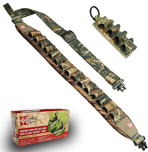 Shotgun Sling 12 Gauge with 15 Shell Holders, Comfortable Padded Gun Sling with Thumb Loop and Metal Swivels, Adjustable 2 Point 12ga Shotgun Strap for Turkey & Waterfowl Hunting, (Camo)
