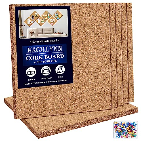 NACHLYNN Cork Board 6 Pack 12 x 12 Self-Adhesive Corkboards for Wall Square Bulletin Board with 100 Push Pins Frameless Cork Tiles for Walls Home Office