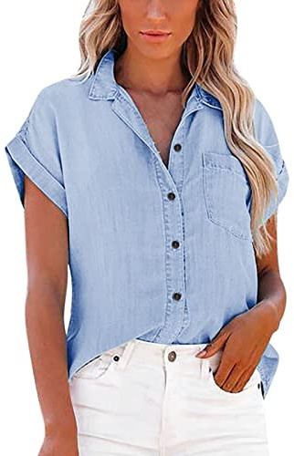 Womens Short Sleeve Denim Shirts with Pockets Button Down Chambray Jean Western Shirts Summer Loose Casual Solid Collared Tops Blouse Blue