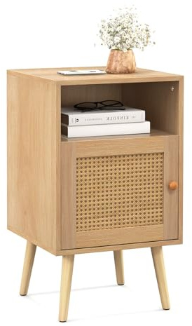 COSTWAY Sängbord i Rotting – Nattduksskåp i Trä med Öppen Hylla och Dörr, Stabilt Sidobord i Lantlig Stil för Sovrum och Vardagsrum, 40 x 39 x 70 cm