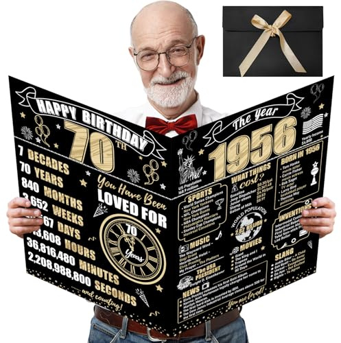 Turypaty Large 70th Birthday Card With Envelope for Men Women, 1956 Black Gold Happy 70th Birthday Giant Guest Signature Book Gifts, Big Vintage 1956 70 Greeting Card Decoration Party Supplies