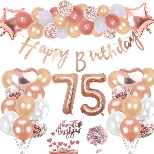 75 Cumpleaños Decoración Oro Rosa Kit Para Niña, Inflables Estrellas Corazón Numeros Gigantes Helio Globos Feliz Cumpleaños Decoración de la Torta Confeti Mesa Regalo Para 75 Años Mujer Hombre Fiesta