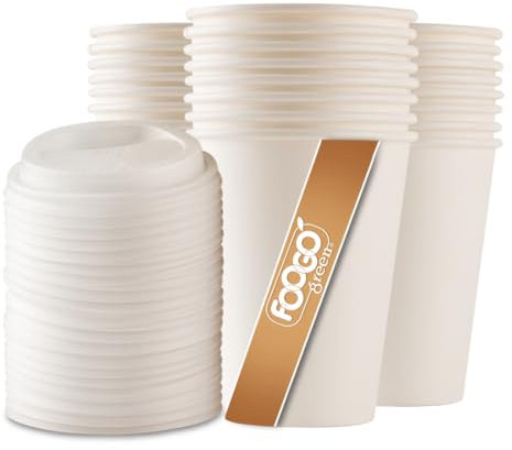 FOOGO Green 100pcs 12oz Disposable Strong Single-Wall White Paper Coffee Cups with Secure Lids, FSC® Certified, Takeaway, Paper Cups for Hot Drinks, Parties, Eco-Friendly