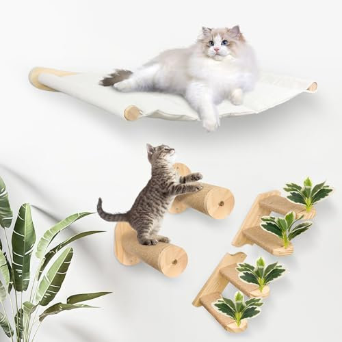 Lohofrnny Murallas de Escalada para Gatos, Hamaca Montable en Pared para Gatos, 2×Escaleras con Cuerda de Yute y Hojas, 2×Columnas de Rascar de Yute de Madera Natural