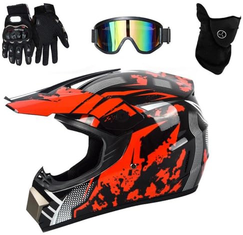 Kids Motorbike Motocross Helmet,Full Face MTB Helmet With Goggles Mask Gloves,Quad Bike Youth Kid Full-Face Off Road Motorcycle Crash Helmet(Red,M(54~55cm))