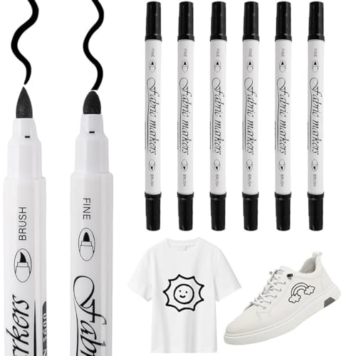 OHREN Juego de 6 Rotulador Negro Textil, Doble Punta Marcadores para DIY para Tela, Ropa, Zapatos, Sombrero, Bolsa de Lona, Camisetas, Pintura Textil Lavable (Negro)