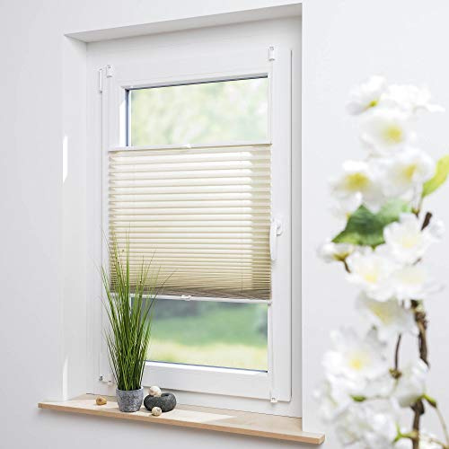 Klemmfix Plissee Uni beige, glatter Stoff, ohne Bohren oder Schrauben, inkl. Klemmträger Breite: 95 x 130 cm Farbe: beige